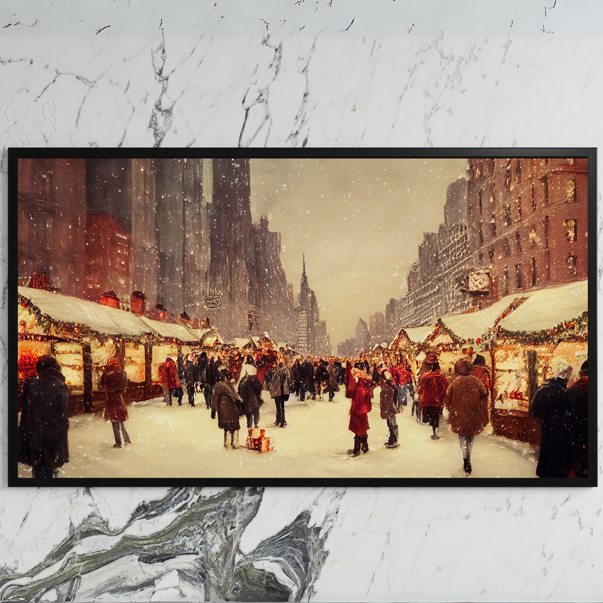 New York holiday market art on a black TV on a white marble wall