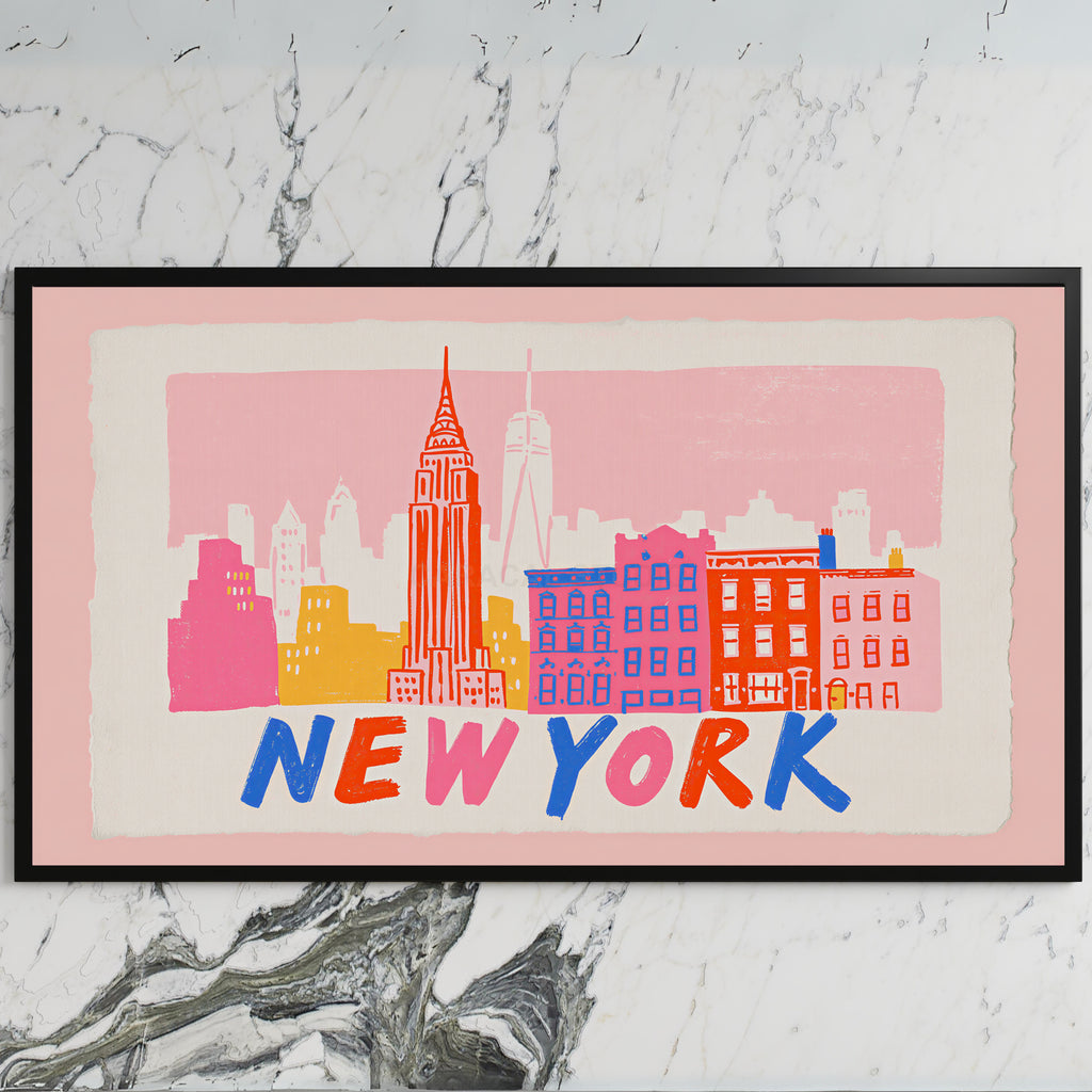 New York skyline art on a black TV on a white marble wall
