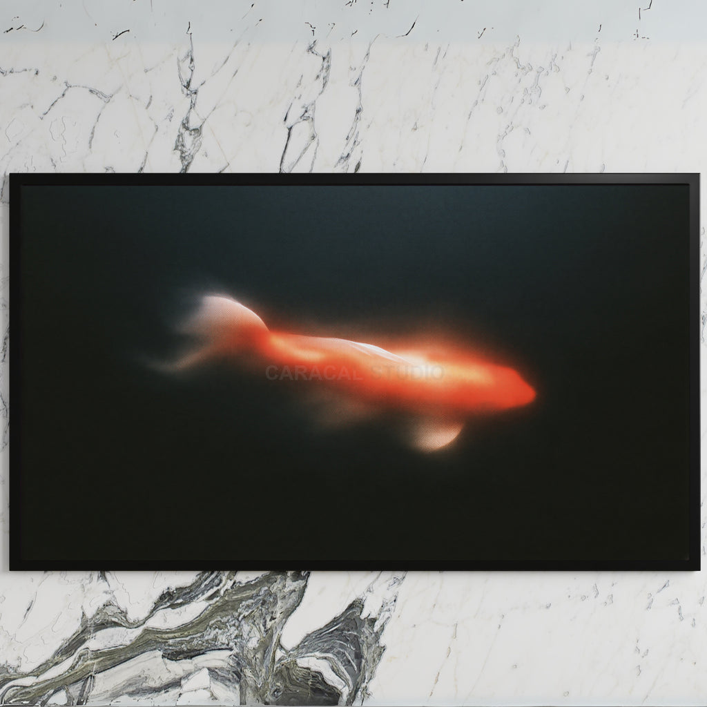 Glowing koi art on a black TV on a white marble wall