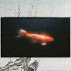Glowing koi art on a black TV on a white marble wall