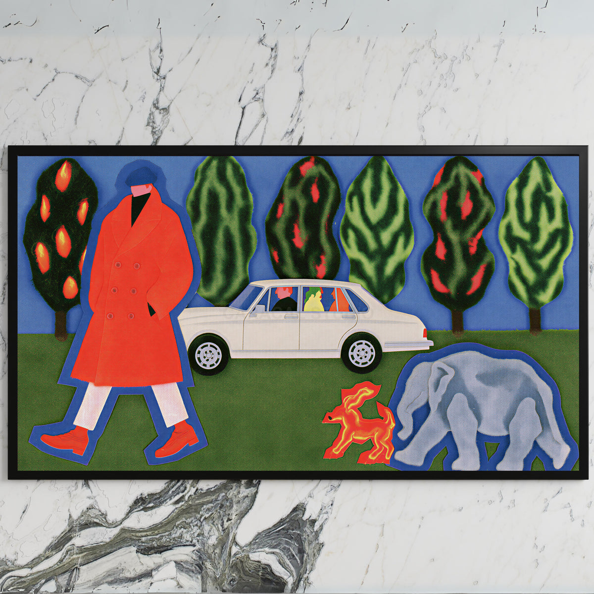 Surreal red coat collage art on a black TV on a white marble wall