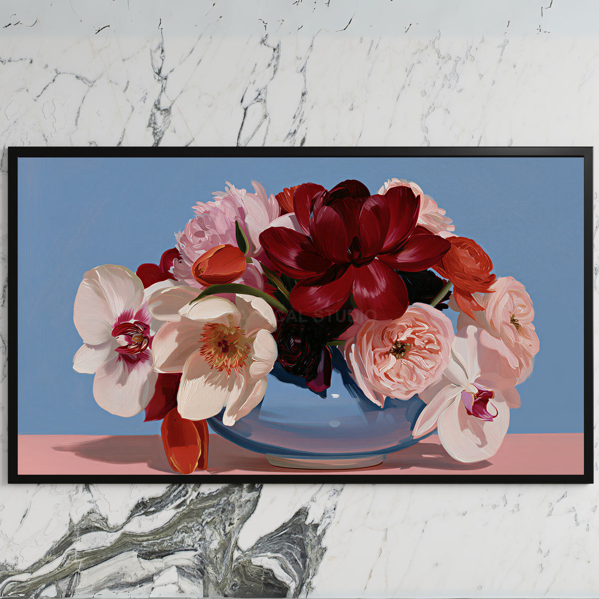 Peony and orchid bouquet art on a black TV on a white marble wall