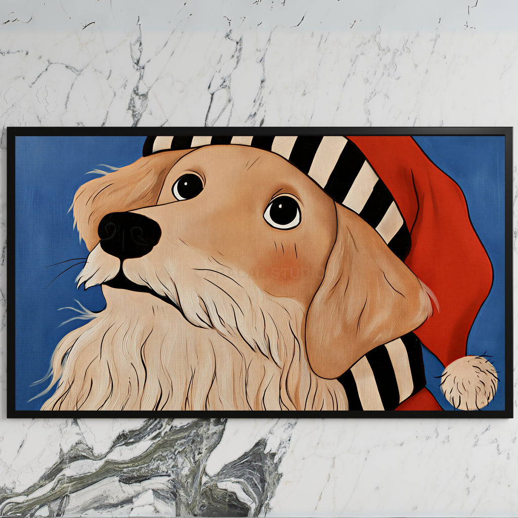 Golden retriever in a Santa hat art on a black TV on a white marble wall