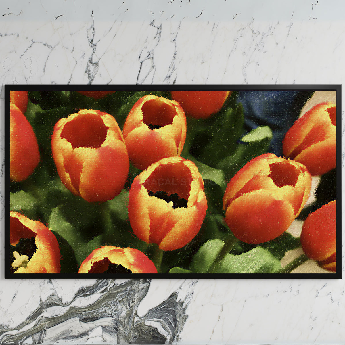 Orange tulip bouquet art on a black TV on a white marble wall