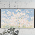 Cherry blossom tree art on a black TV on a white marble wall