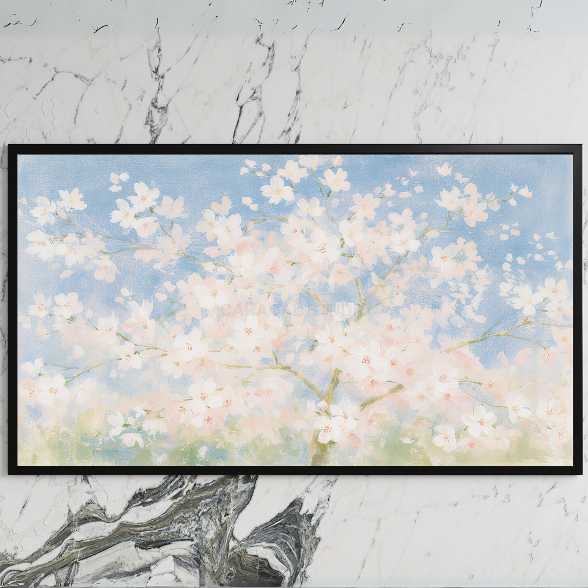 Cherry blossom tree art on a black TV on a white marble wall