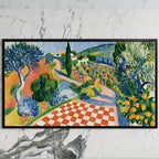 Italian countryside art on a black TV on a white marble wall
