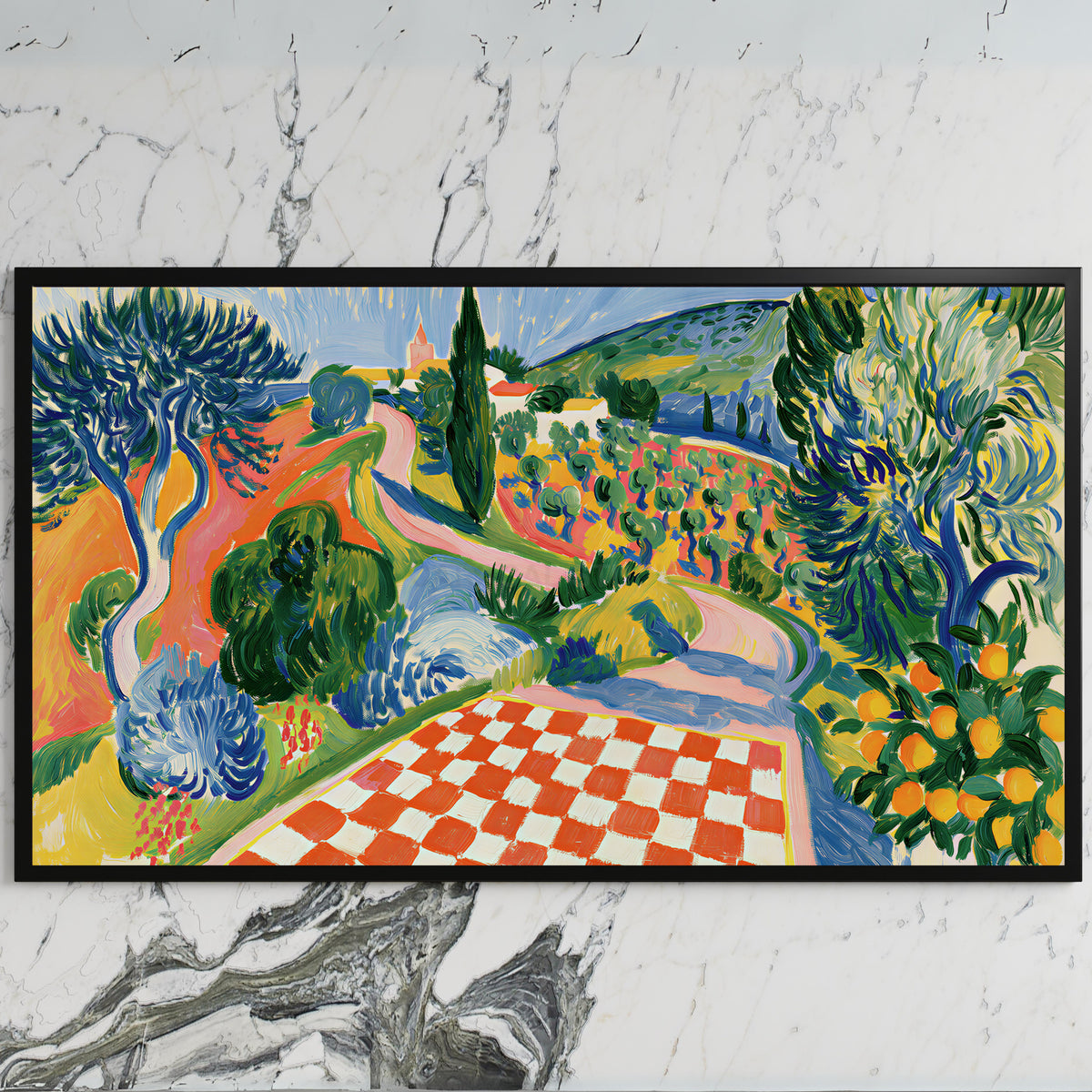 Italian countryside art on a black TV on a white marble wall