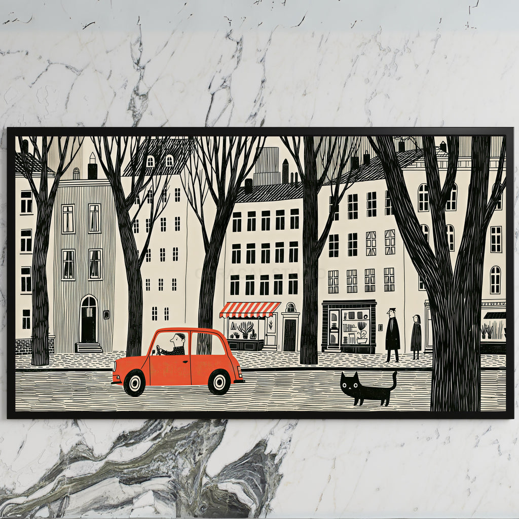 City street art on a black TV on a white marble wall