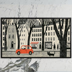 City street art on a black TV on a white marble wall
