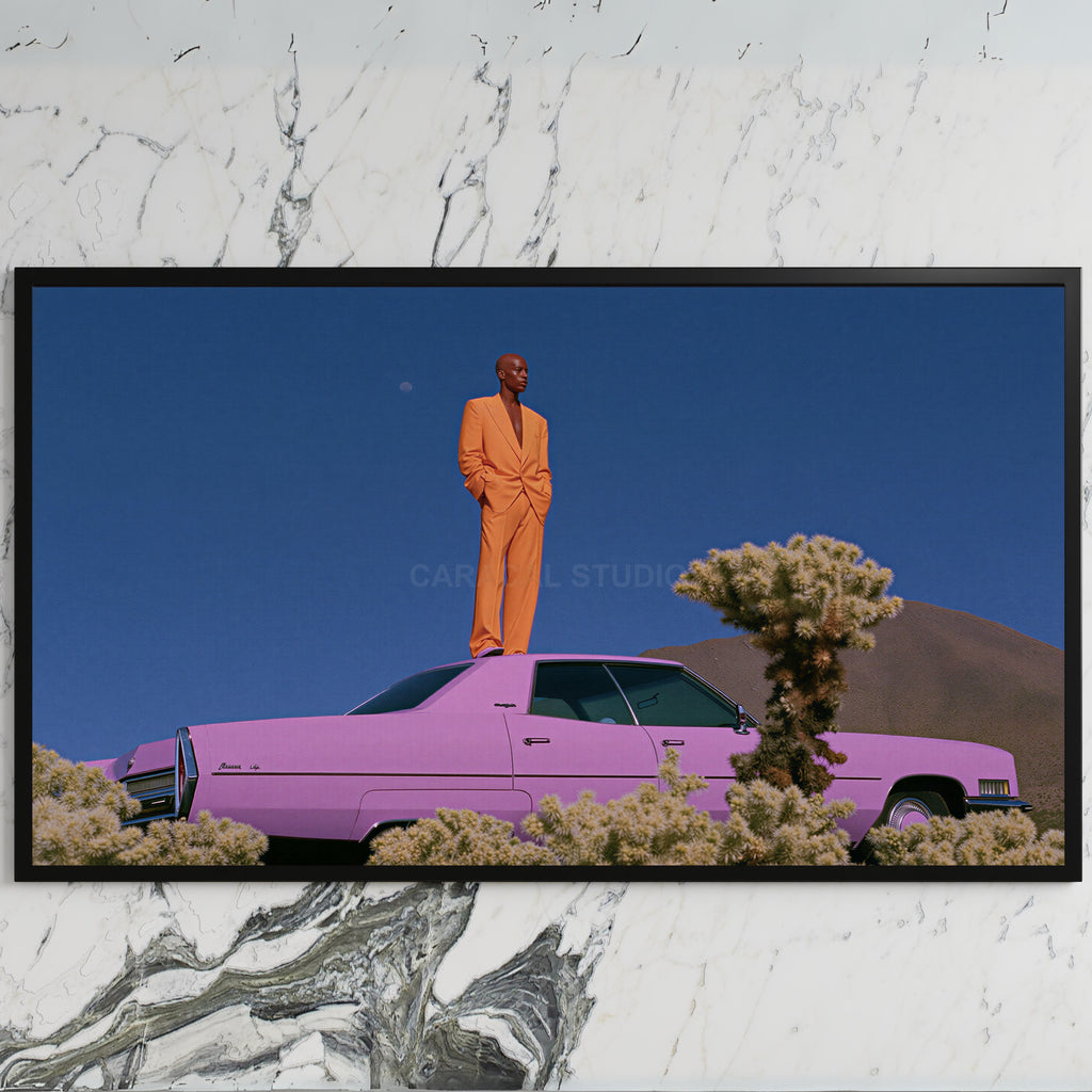 Pink car in the desert art on a black TV on a white marble wall
