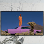 Pink car in the desert art on a black TV on a white marble wall
