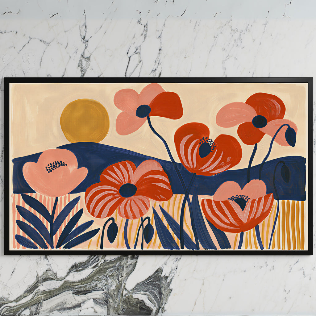 Mid century poppies art on a black TV on a white marble wall