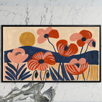 Mid century poppies art on a black TV on a white marble wall