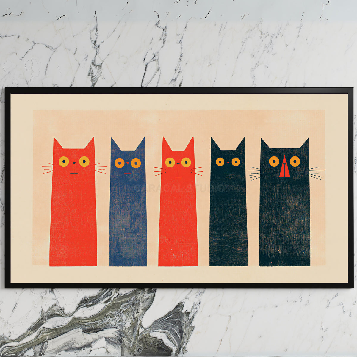 Five tall cats art on a black TV on a white marble wall