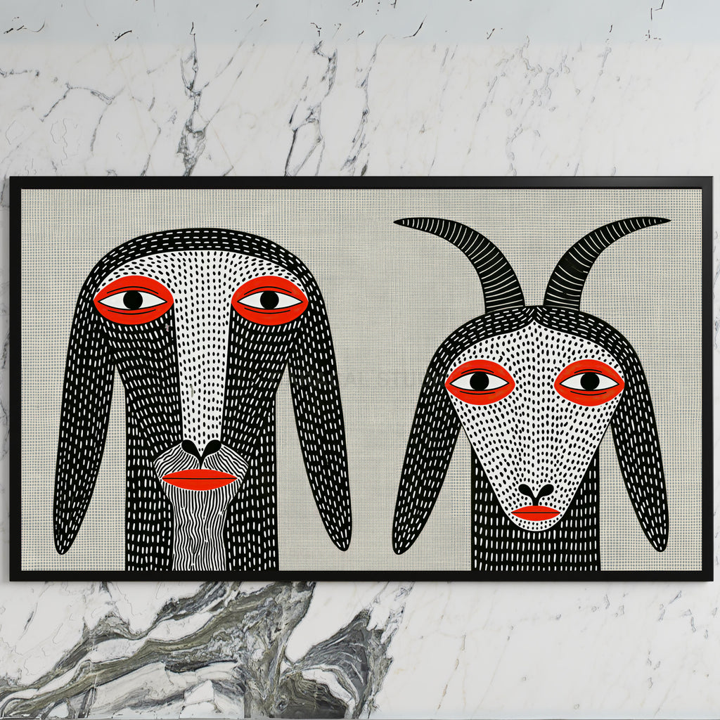 Folk art goats art on a black TV on a white marble wall