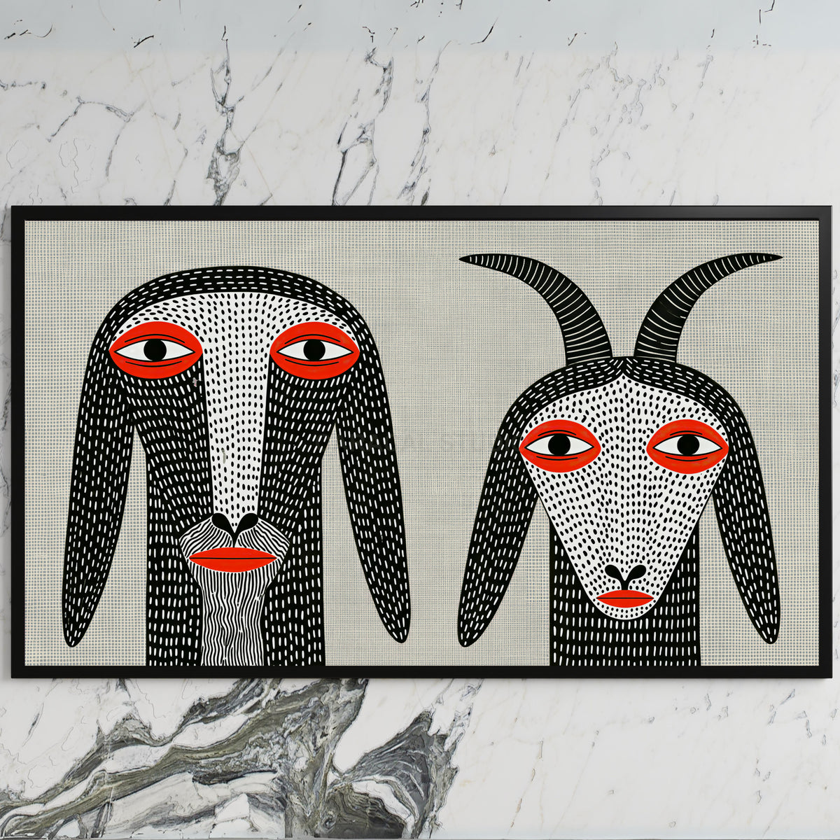 Folk art goats art on a black TV on a white marble wall