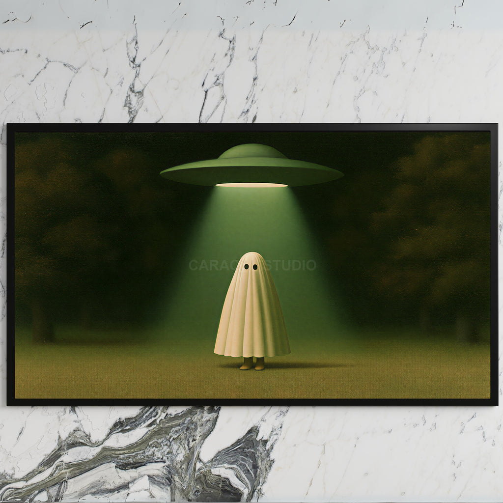 Ghost and UFO art on a black TV on a white marble wall