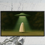 Ghost and UFO art on a black TV on a white marble wall
