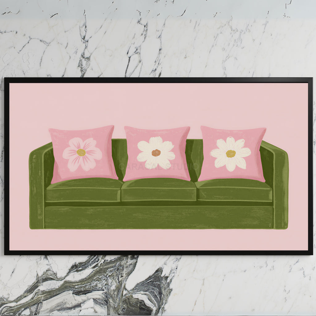 Green sofa art on a black TV on a white marble wall