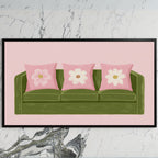 Green sofa art on a black TV on a white marble wall