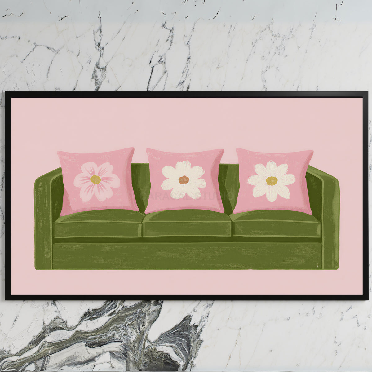 Green sofa art on a black TV on a white marble wall