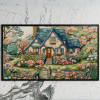 Embroidery style cottage art on a black TV on a white marble wall