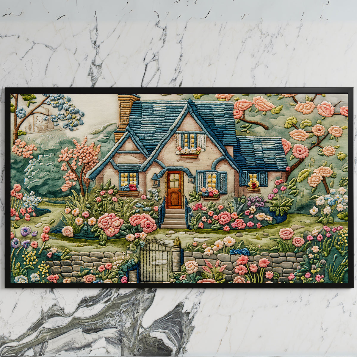 Embroidery style cottage art on a black TV on a white marble wall