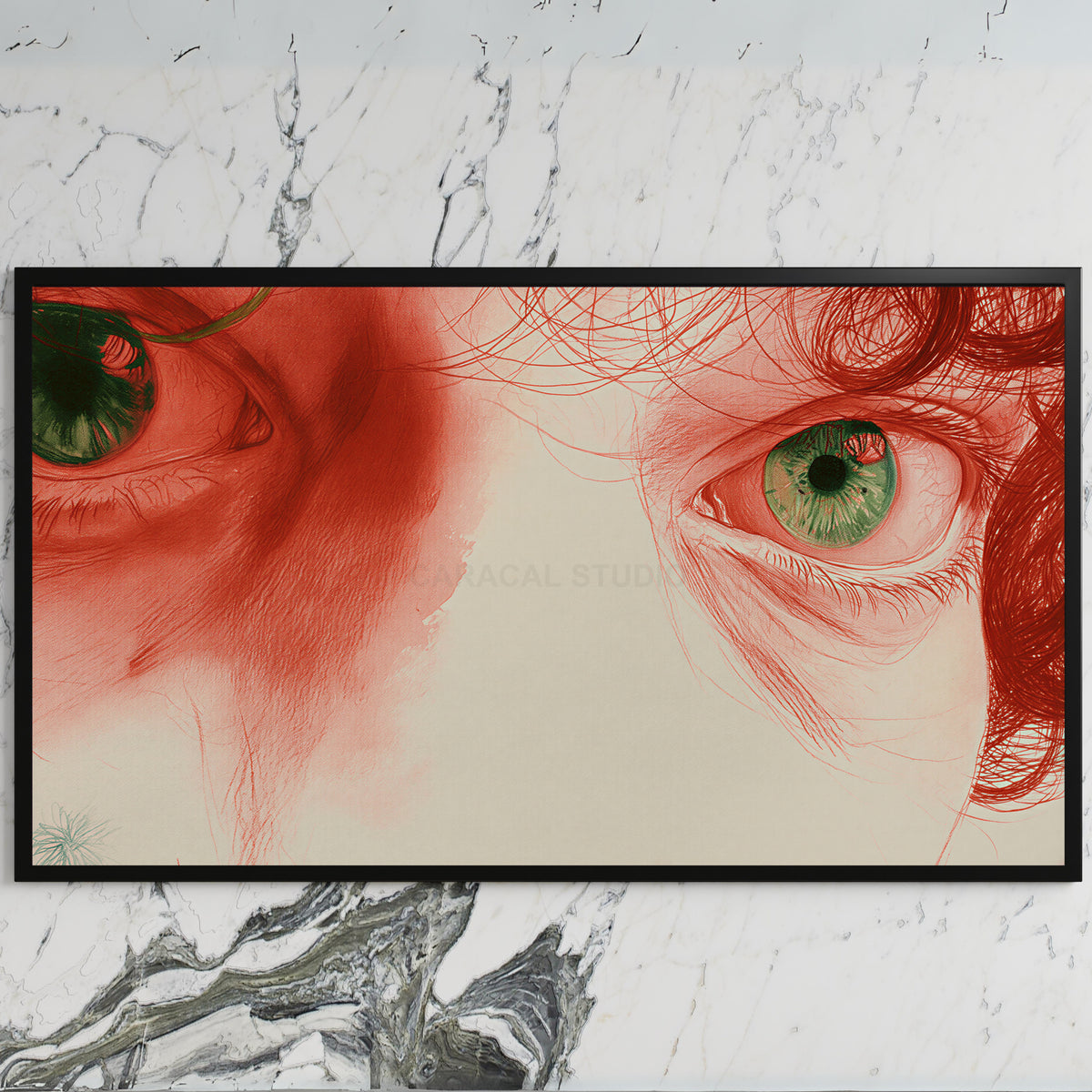 Red pencil eyes art on a black TV on a white marble wall