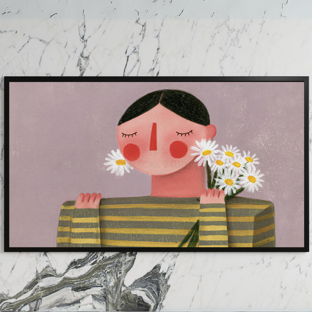 Rosy cheeks daisy portrait art on a black TV on a white marble wall