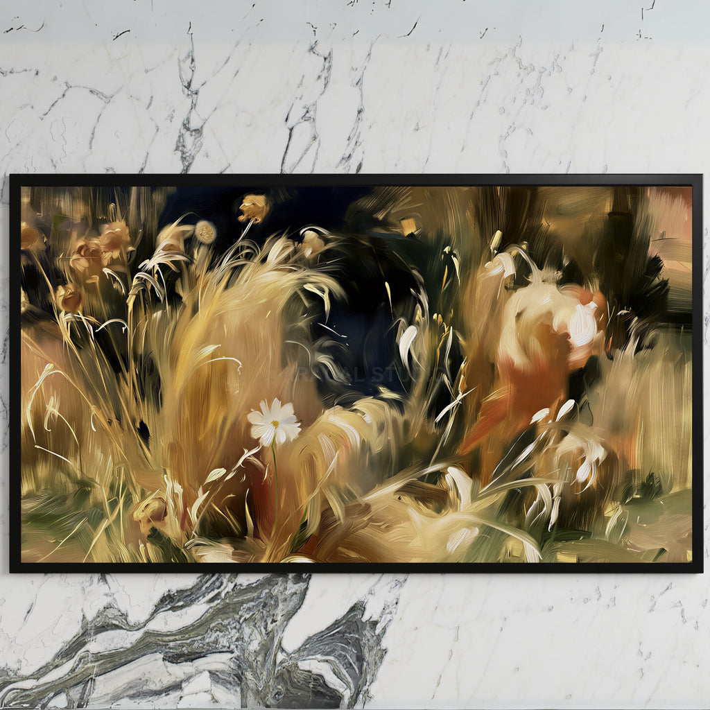 Wild grass and white flower art on a black TV on a white marble wall