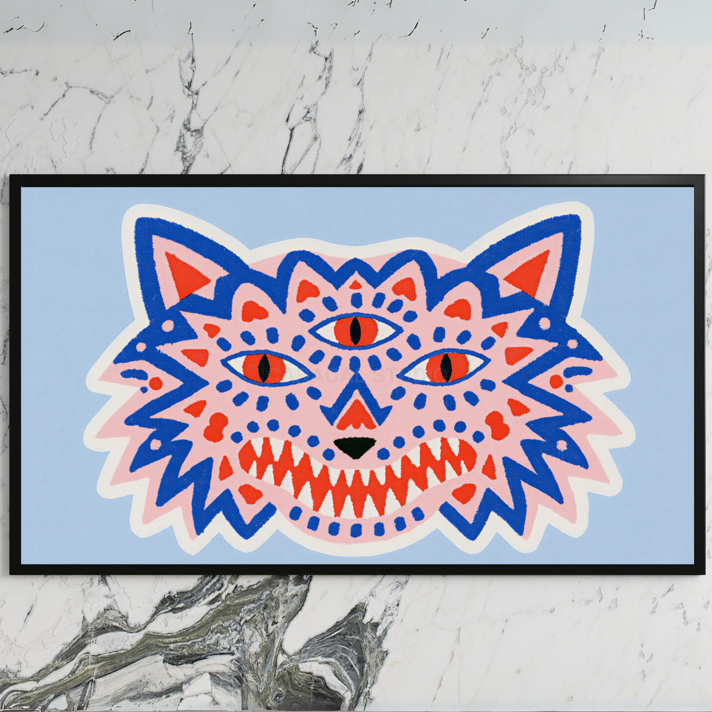 Three-eyed wolf art on a black TV on a white marble wall