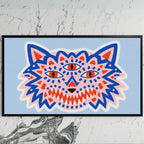 Three-eyed wolf art on a black TV on a white marble wall