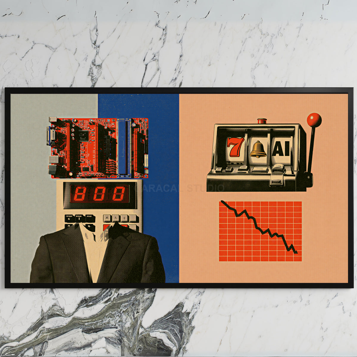 Calculator head collage art on a black TV on a white marble wall