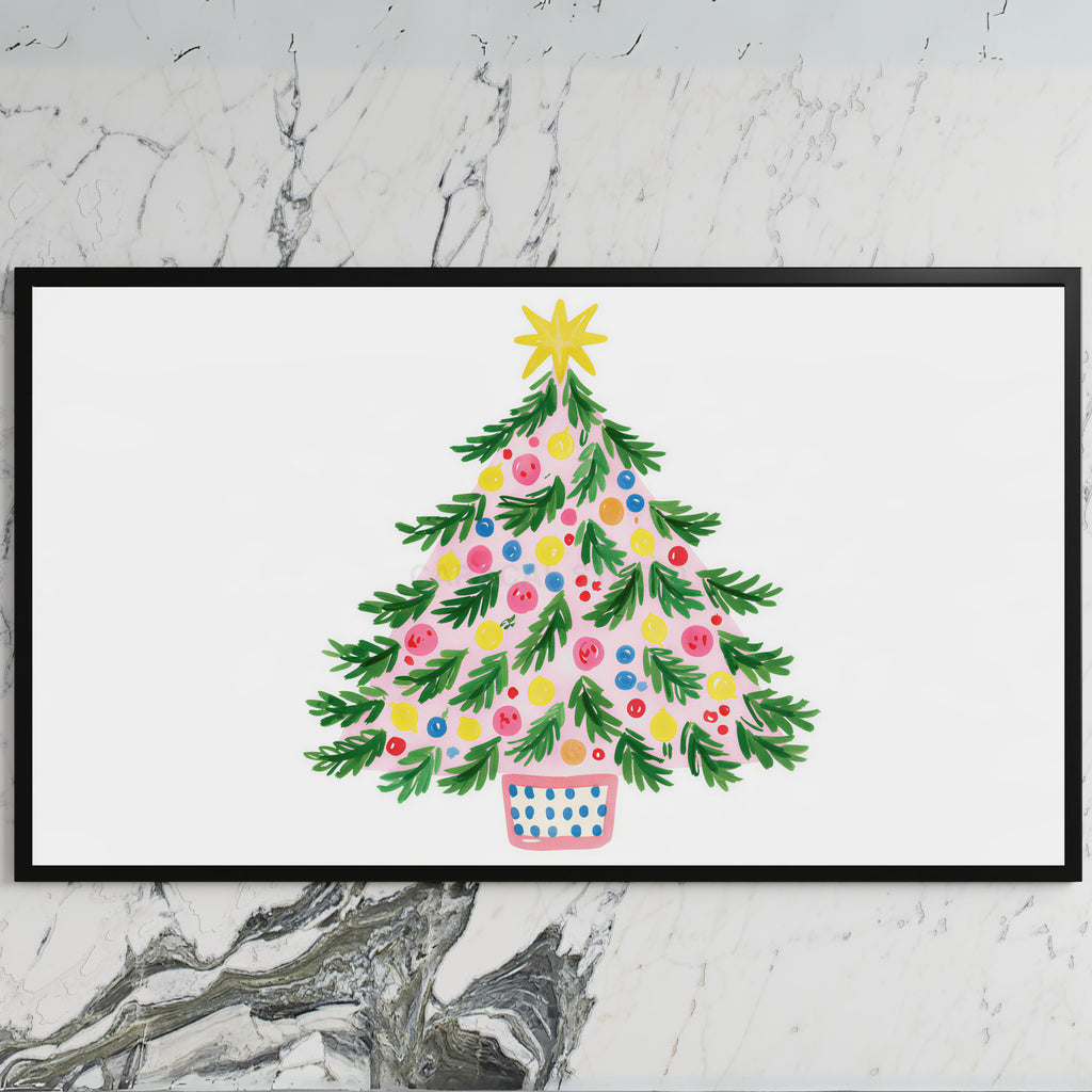 Colorful Christmas tree art on a black TV on a white marble wall