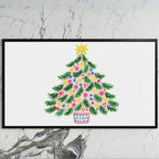 Colorful Christmas tree art on a black TV on a white marble wall