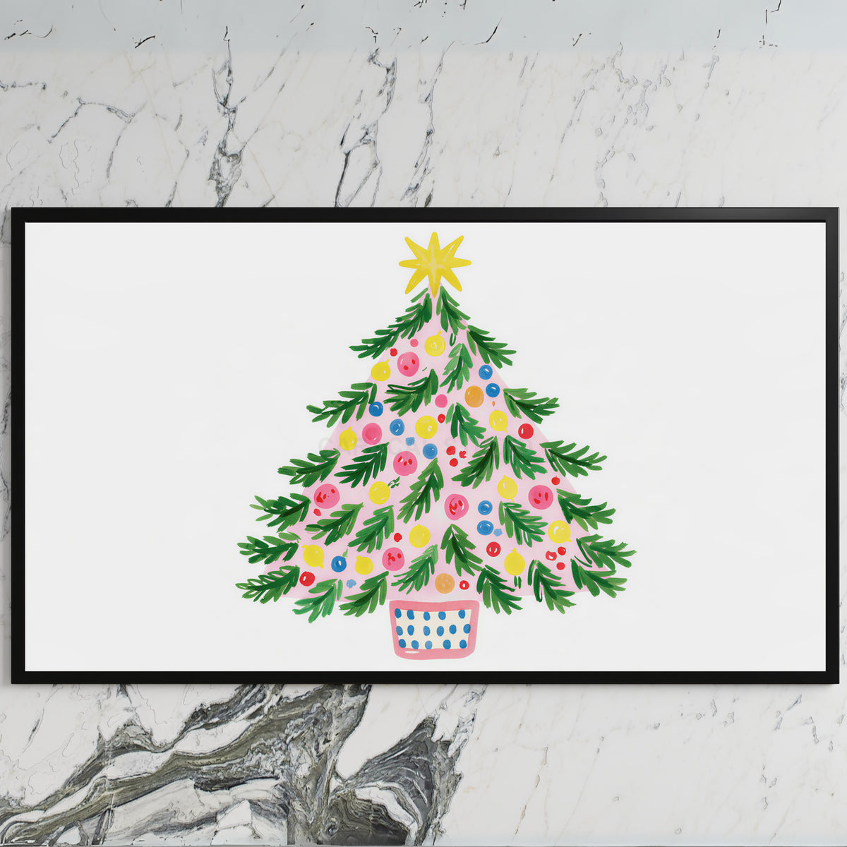 Colorful Christmas tree art on a black TV on a white marble wall