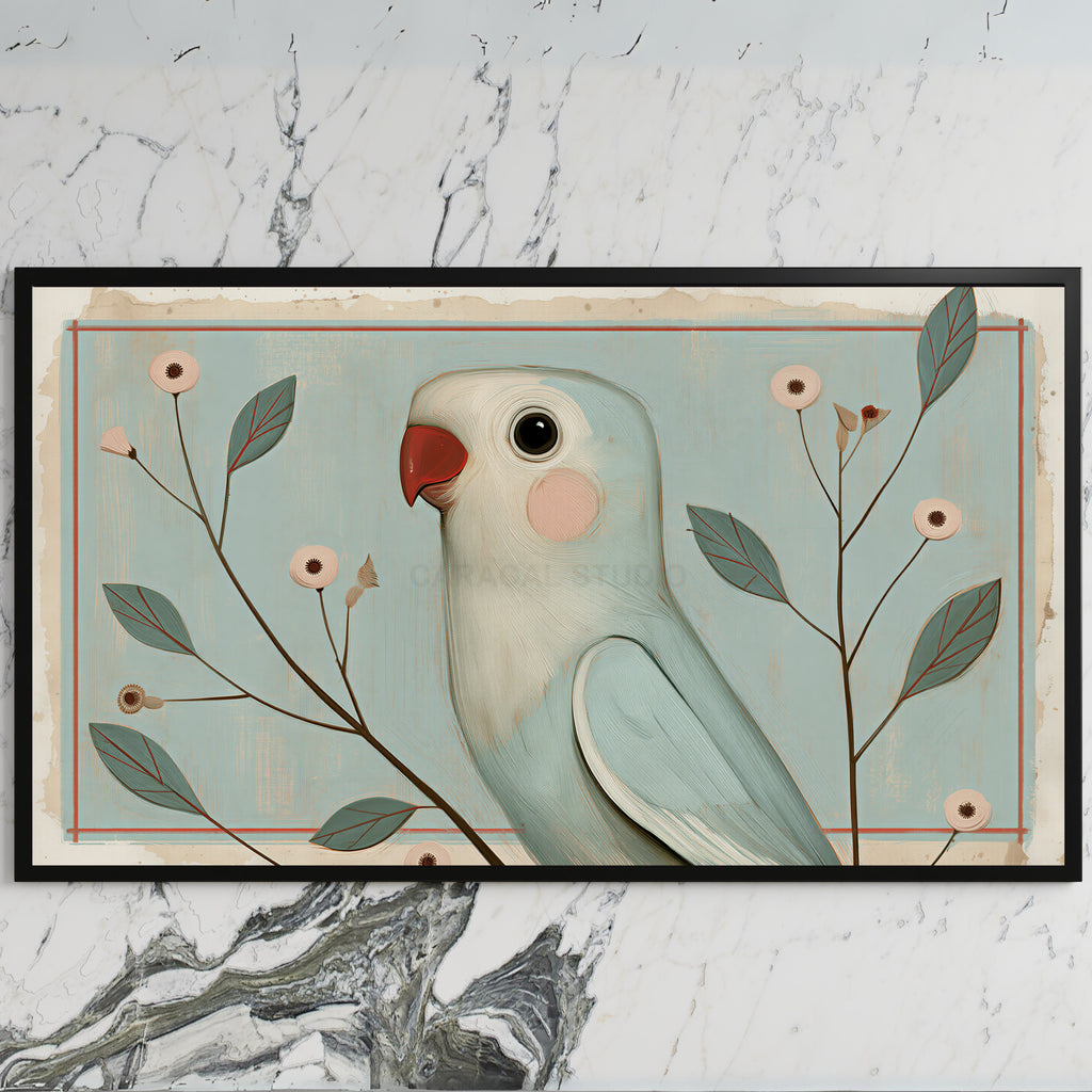 Vintage blue parrot art on a black TV on a white marble wall