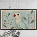 Vintage blue parrot art on a black TV on a white marble wall