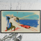 Red car on a coastal road art on a black TV on a white marble wall