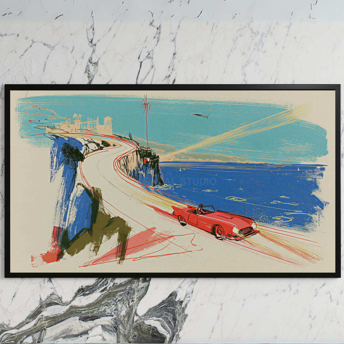 Red car on a coastal road art on a black TV on a white marble wall