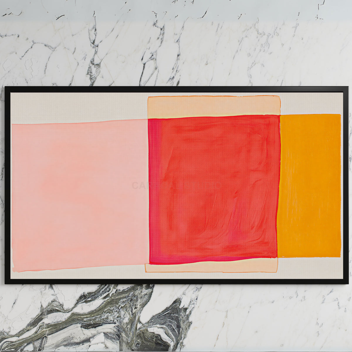 Abstract color blocks art on a black TV on a white marble wall