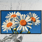 Daisy art on a black TV on a white marble wall