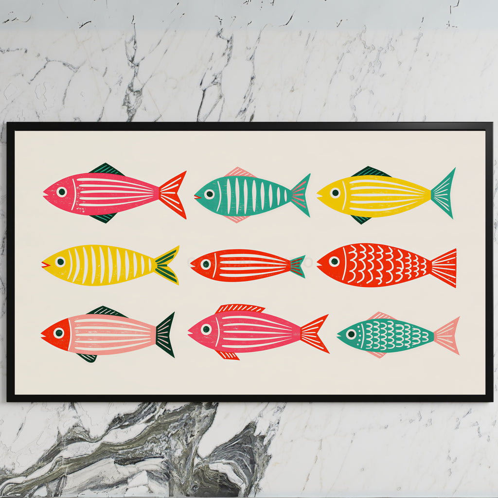 Folk fish art on a black TV on a white marble wall