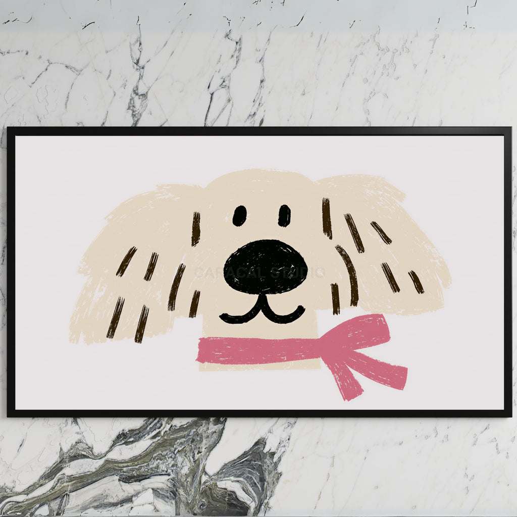 Puppy with a pink scarf art on a black TV on a white marble wall