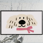 Puppy with a pink scarf art on a black TV on a white marble wall