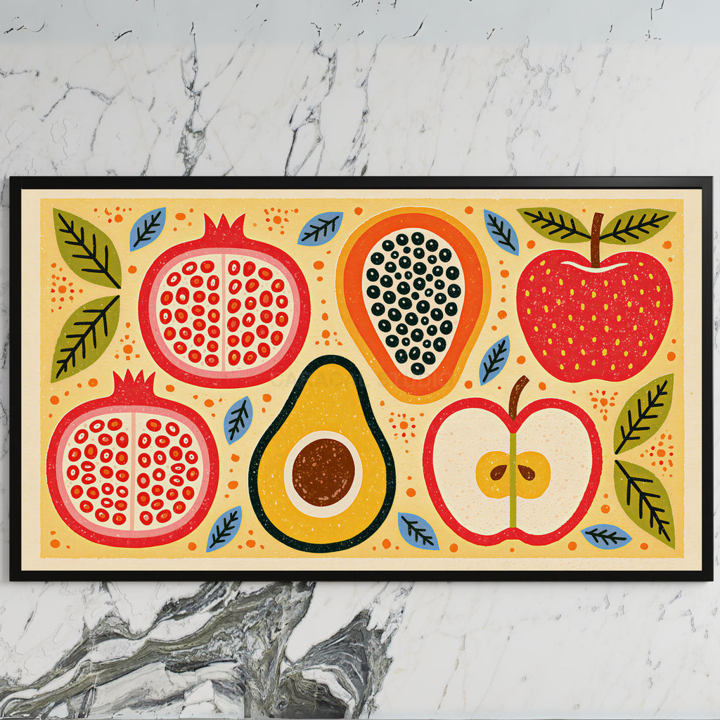 Colorful fruit halves art on a black TV on a white marble wall