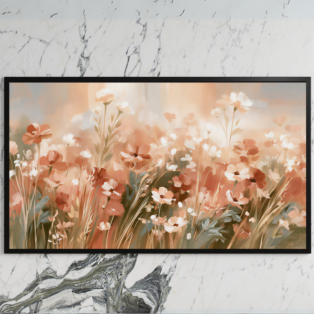 Terracotta wildflower meadow art on a black TV on a white marble wall