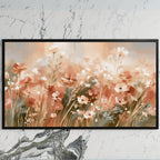 Terracotta wildflower meadow art on a black TV on a white marble wall