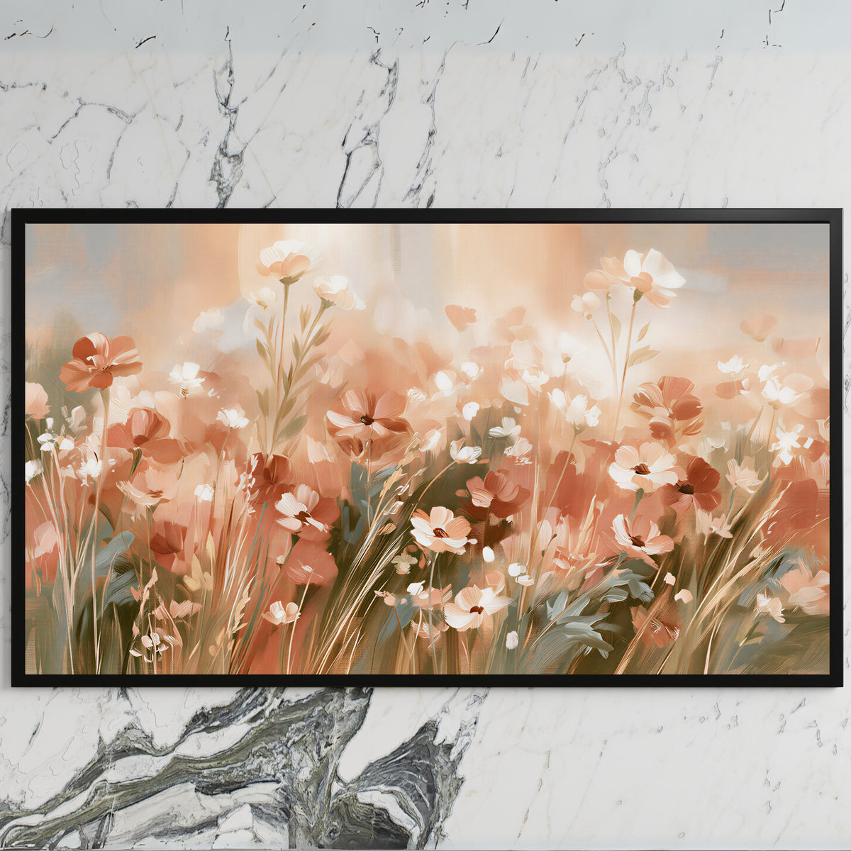 Terracotta wildflower meadow art on a black TV on a white marble wall